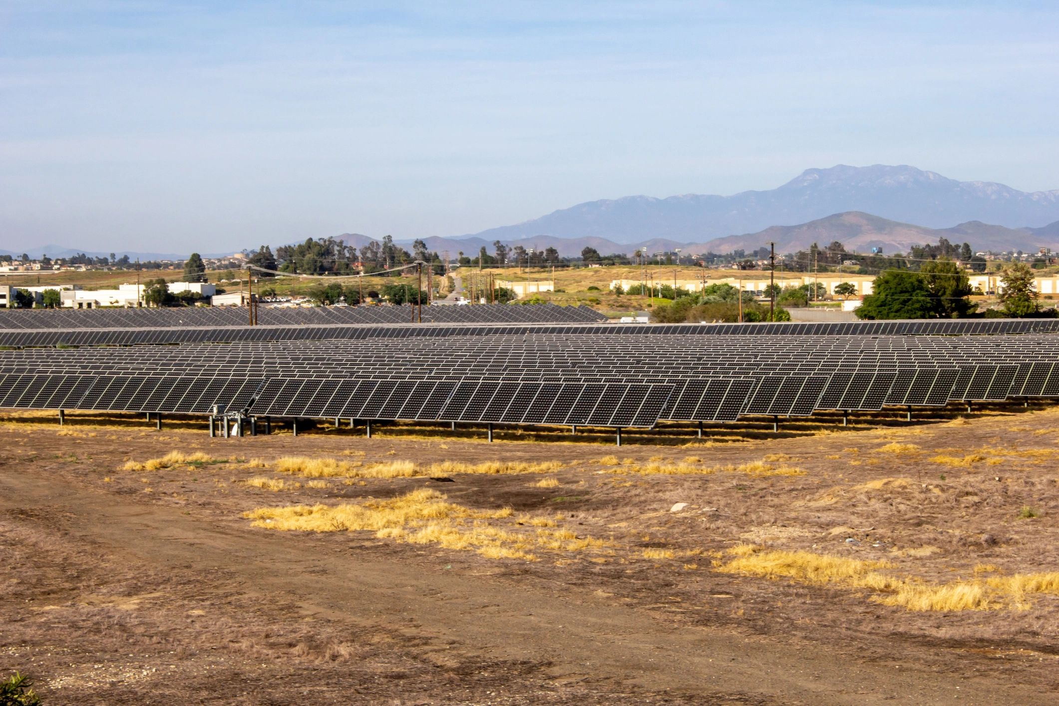 Wide view of a solar panel farm supporting clean energy